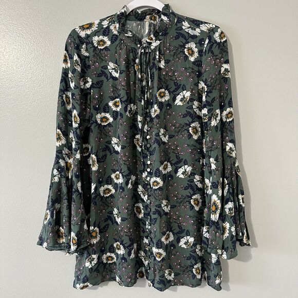 Free People Magic Mystery Size XS Boho Green Floral Mini Tunic Dress Bell Sleeve - Picture 3 of 16